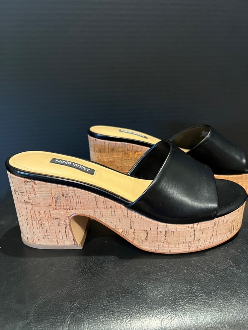 Nine West Black Platform Slide Sandals with cork heel - Picture 4 of 7